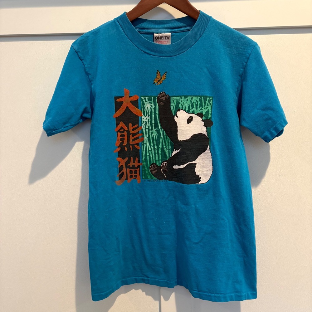 Vintage Oneita Panda T-Shirt Medium Blue 1988 Aerie Design Single Stitch Tee USA